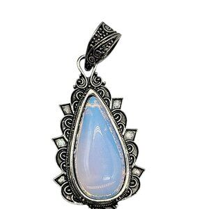 Boho-Style Opalite Teardrop Pendant Repousse Swirl Silver Plated Metal Setting